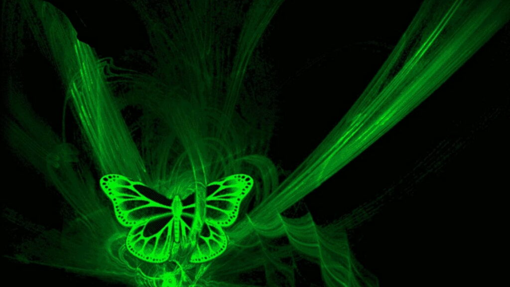 Luminous Emerald Elegance: Enchanting HD Wallpaper featuring a Transparent Neon Butterfly