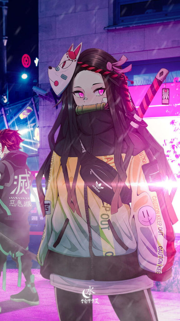 Stylish Nezuko Captured in Vibrant Streetwear Background for Ultimate Phone Display Wallpaper