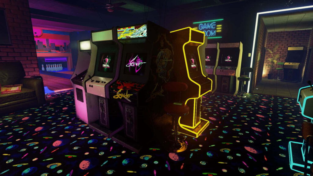 Flashback Fun: Vibrant Neon Arcade Oasis in the 80s Retro Game Room Wallpaper