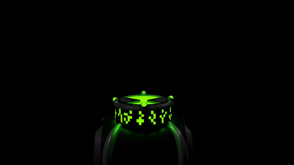 Side view of glowing Omnitrix from Ben 10 with green lights on dark futuristic wallpaper background