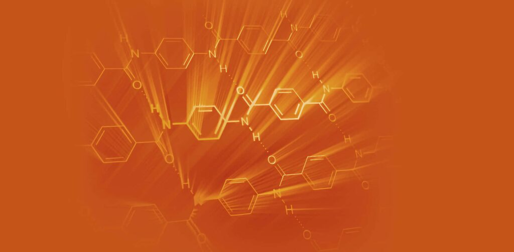Glowing orange molecular structures with hexagonal patterns chemistry wallpaper background futuristic