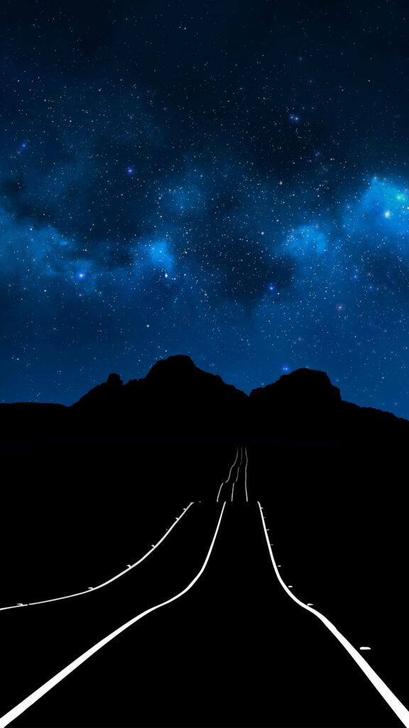 Enchanting Night Drive: Mesmerizing OLED iPhone Wallpaper of an Inky Black Road Illuminated by Luminous Glowing Lines