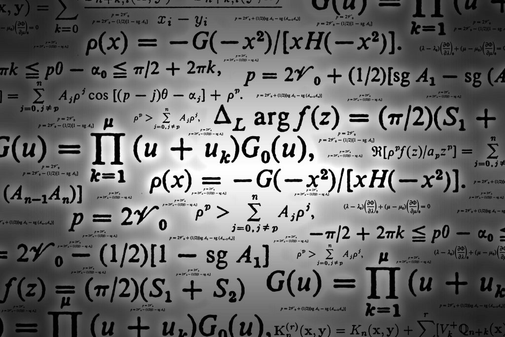 Glowing physics equations wallpaper with dense abstract formulas and a spotlight effect background