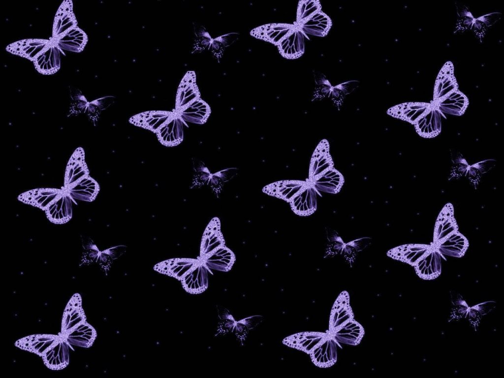Glowing translucent purple butterflies floating on starry black background wallpaper design