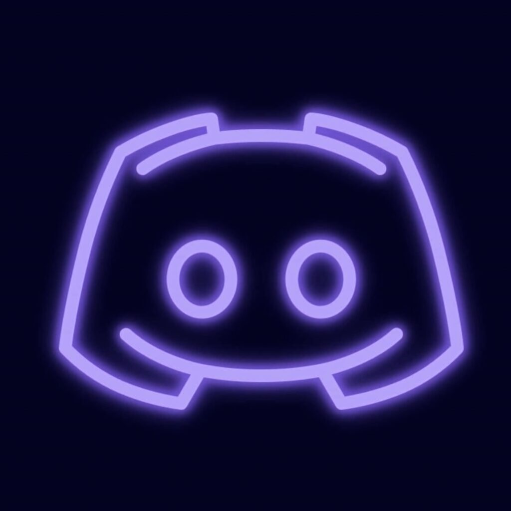 Glowing purple neon Discord logo on dark background modern vibrant tech wallpaper design