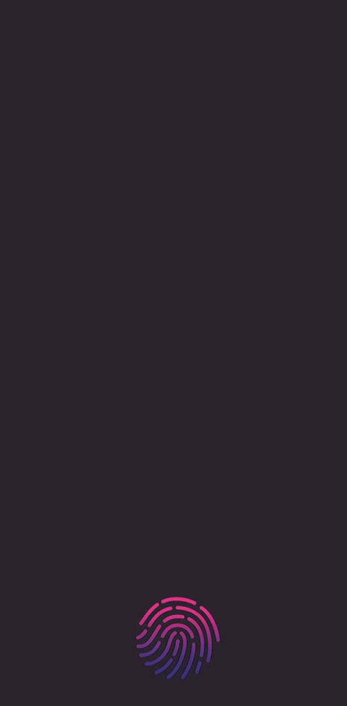 Minimalist phone wallpaper with glowing purple pink fingerprint on dark gray biometric unlock background
