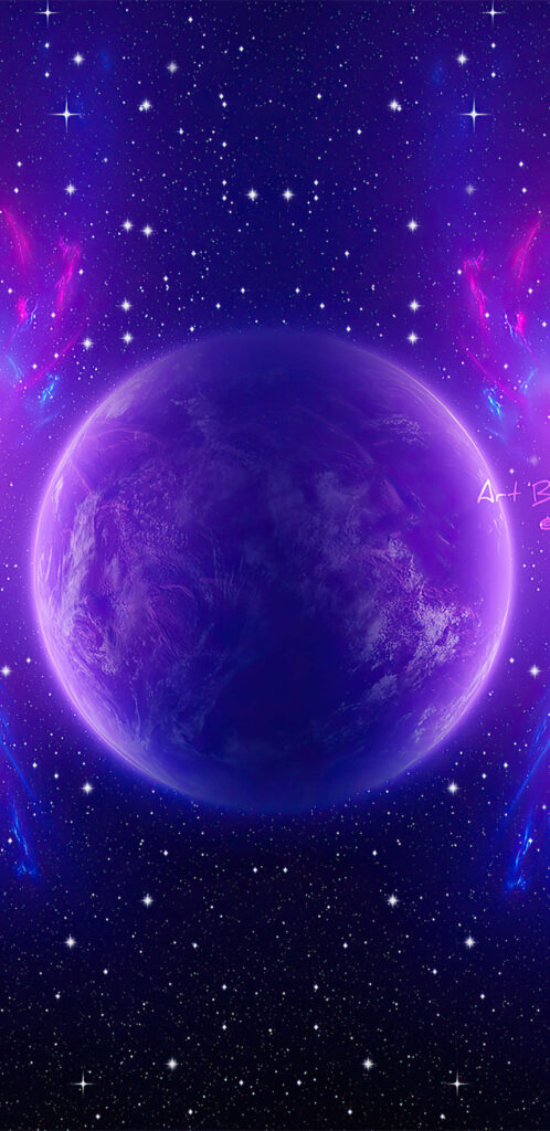 Glowing purple planet in animated cosmic space wallpaper with stars and vibrant nebulae.