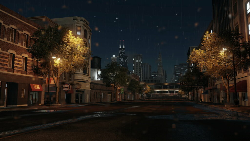 Night Ride through Rain-Slicked Chicago: An HD Video Game Landscape Wallpaper