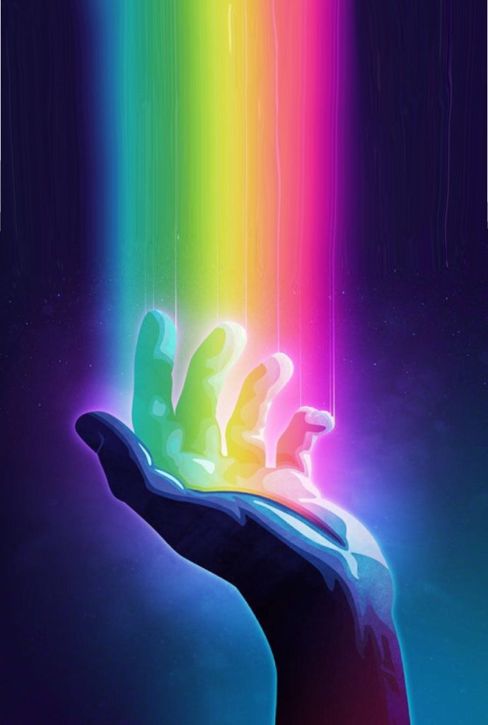 Stylized hand reaching glowing rainbow beam vibrant digital art wallpaper background design