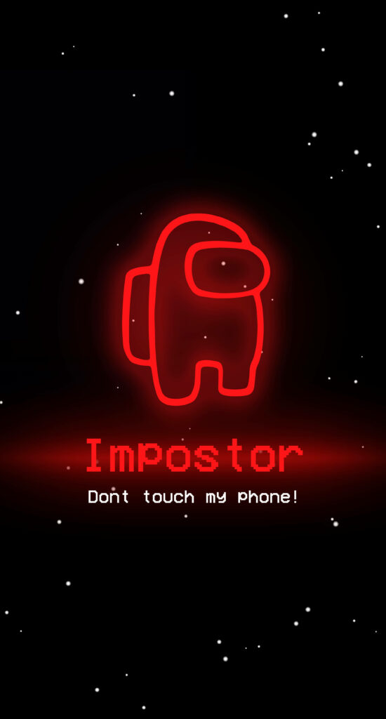 Glowing red Among Us crewmate on black starry background with Impostor warning neon text wallpaper