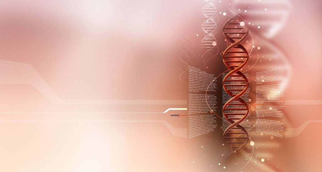 Glowing red DNA double helix with genetics text on pink and white gradient abstract background Wallpaper