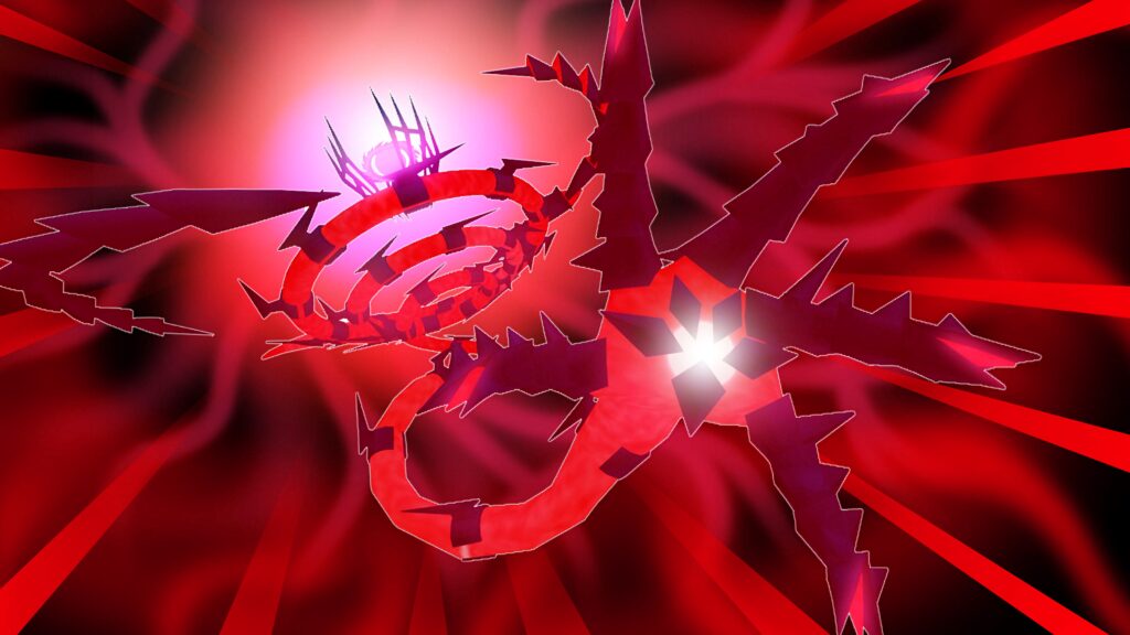 Glowing red Eternatus legendary Pokémon with intense energy light beams digital wallpaper background