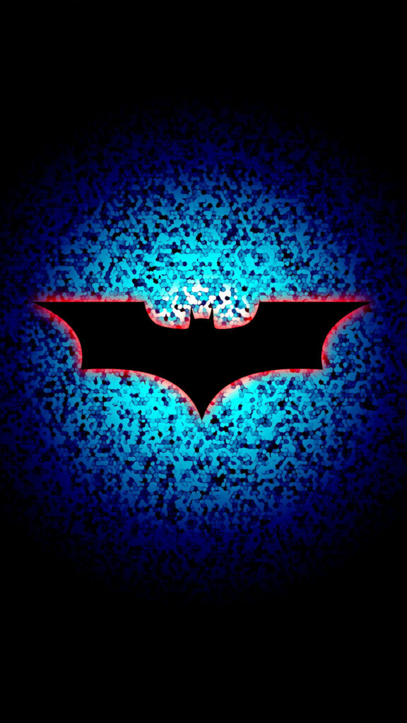 Gotham's Emblem Illuminated: Vibrant Blue Mosaic Frames Batman's Iconic Symbol in Radiant Red Wallpaper