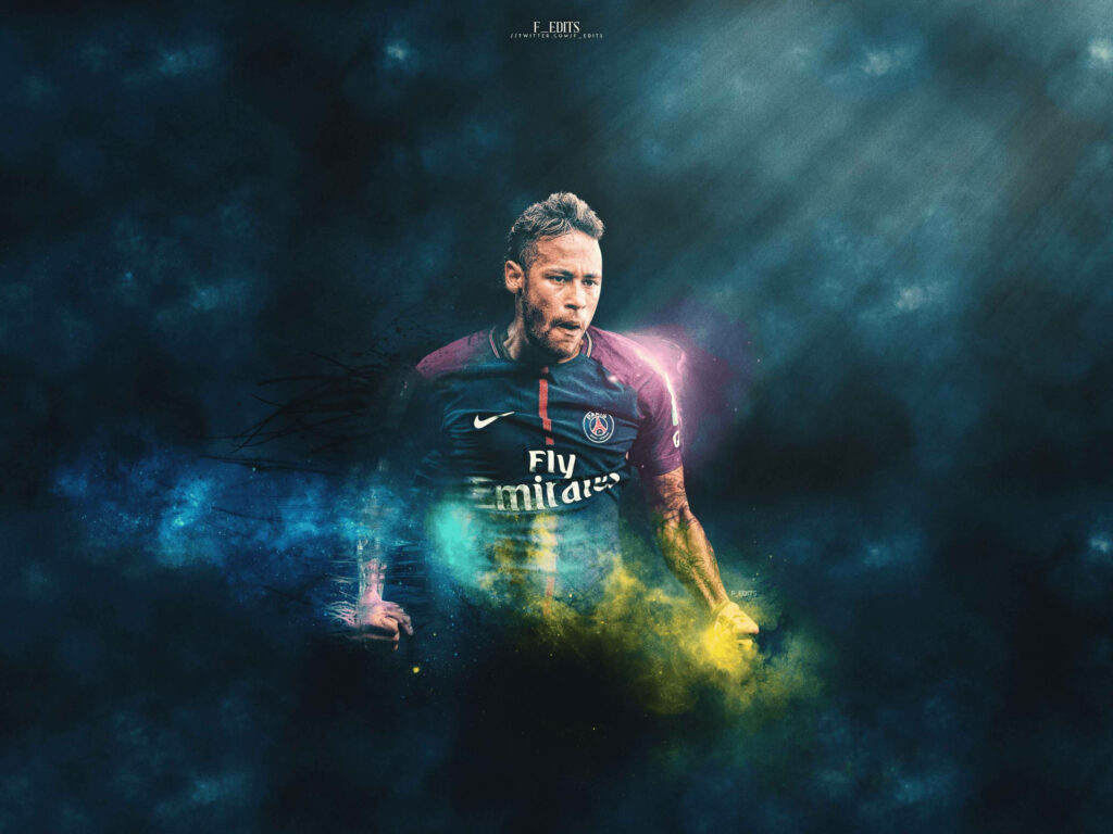 Neymar's Fiery Aura: Mesmerizing Fan Art in Vibrant Blue Hues with Bursting Yellow and Pink Lights Wallpaper