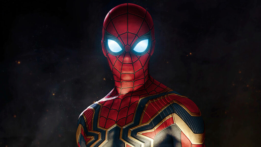 Iron Spider in red blue gold armor with glowing blue eyes against moody cinematic background Wallpaper