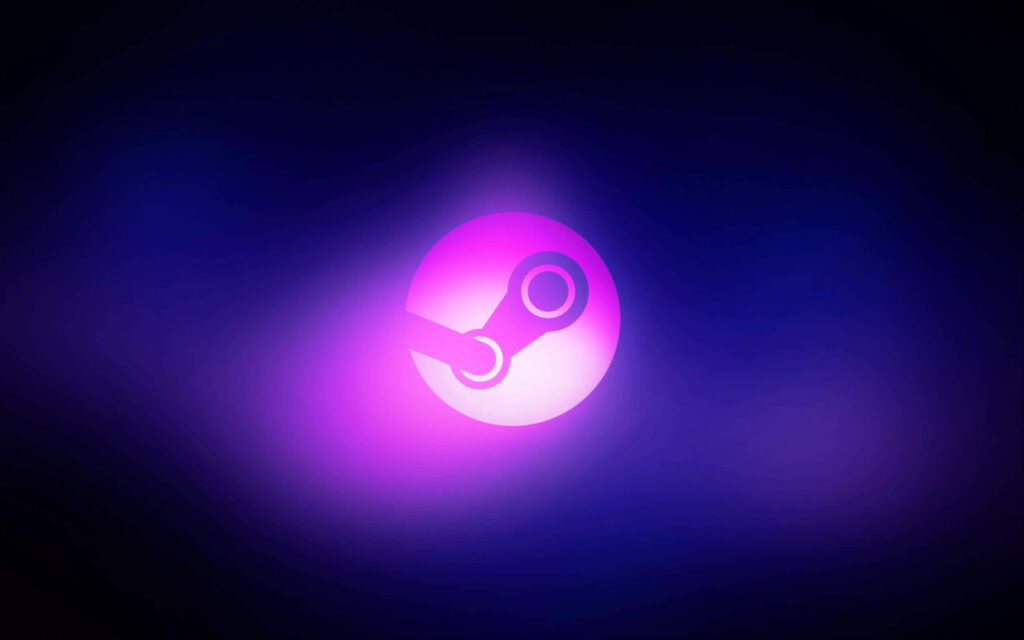 Glowing Steam logo wallpaper with futuristic dark background in vibrant purple and blue hues