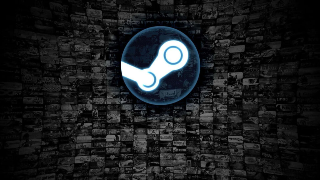 Glowing Steam logo centered on dark collage of PC game covers gaming wallpaper background