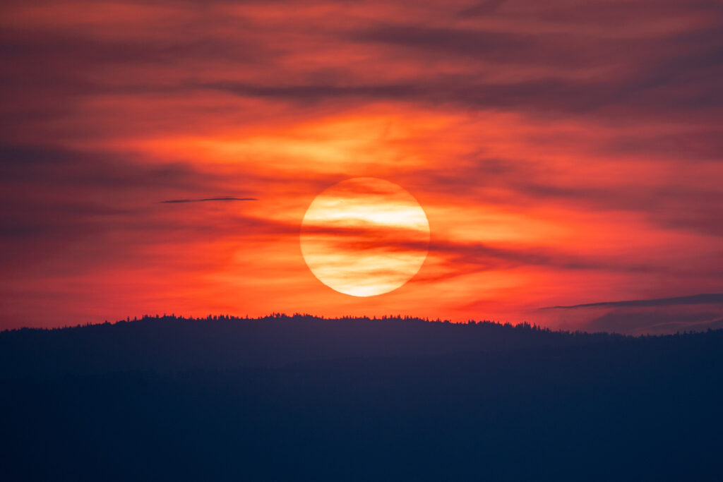 Sunset wallpaper glowing sun with vivid orange red clouds over dark silhouetted forest background