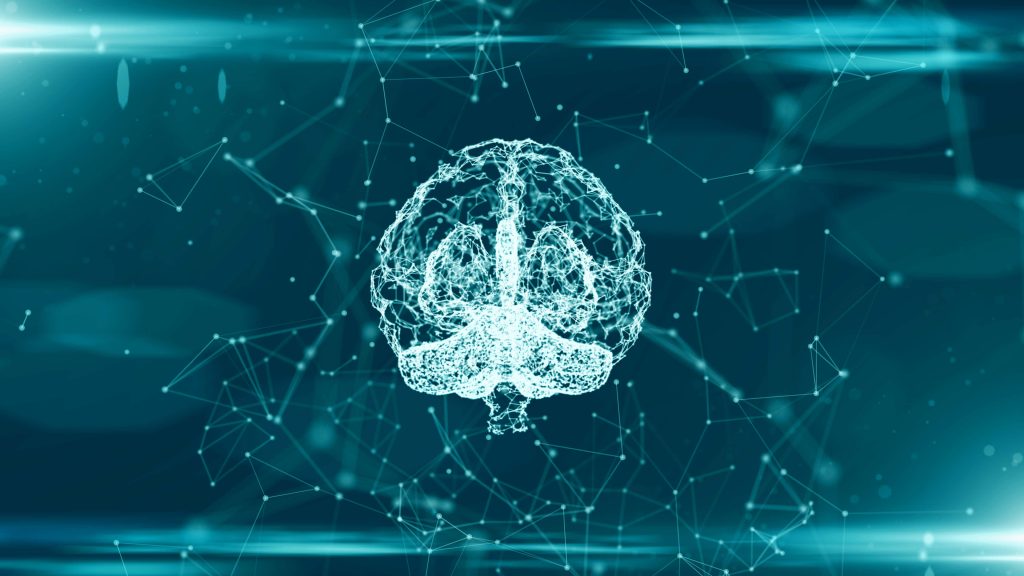 Glowing teal plexus wireframe human brain AI wallpaper 3840x2160 dark futuristic background