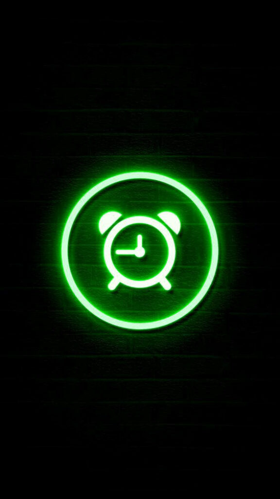 Vibrant Neon Alarm Clock Logo Shining on a Sleek Black Background - Mesmerizing Phone Wallpaper