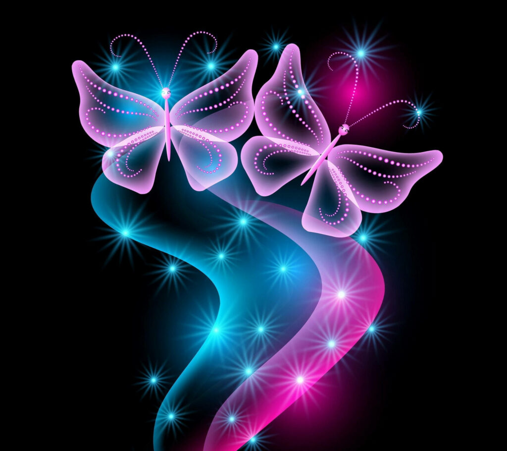 Enchanting Beauty: Radiant Pink Butterflies Adorned with Glowing Trails on a Mysterious Black Canvas Wallpaper
