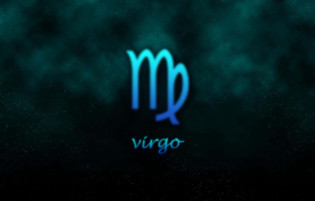 Glowing Virgo zodiac symbol on blue gradient with starry nebula background digital wallpaper