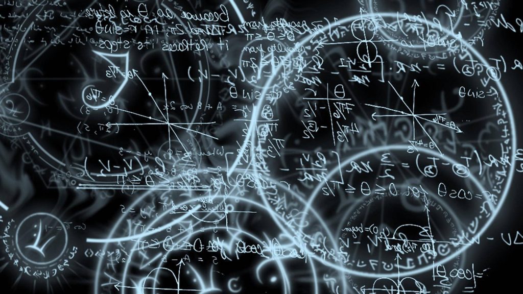 Digital art wallpaper with glowing white math equations and geometric diagrams on black background