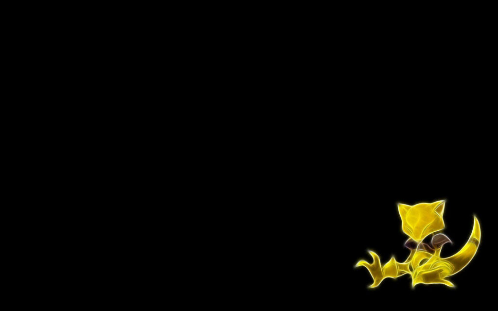 Glowing yellow Abra Pokémon in bottom right on black desktop wallpaper for gaming fans