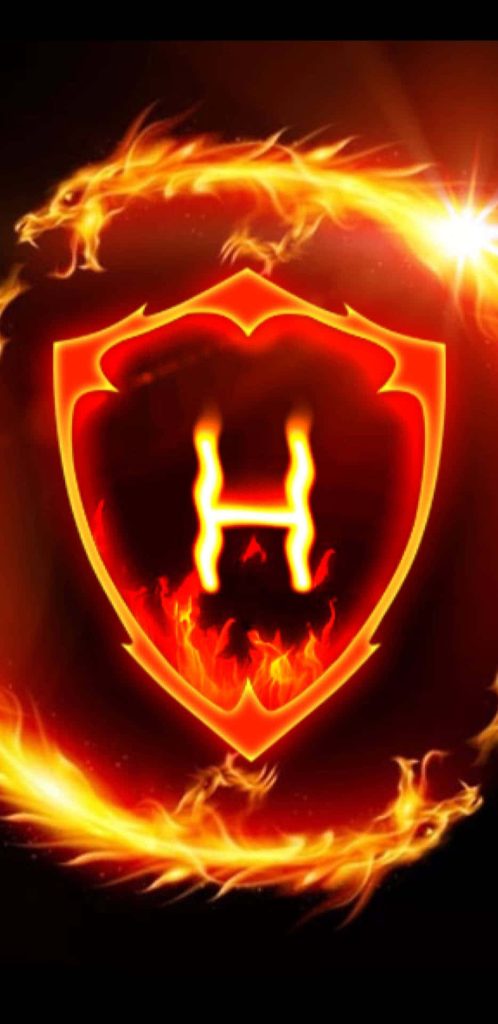 Glowing yellow H on red shield with fiery dragon and flames fantasy wallpaper background black