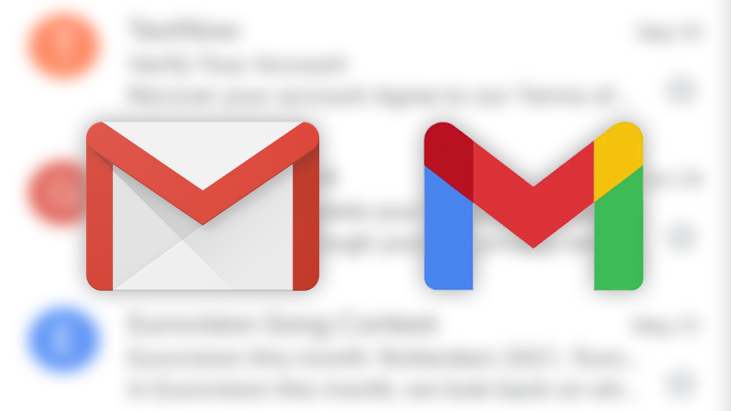 Gmail wallpaper showing classic red envelope and modern Google M logo on blurred inbox background