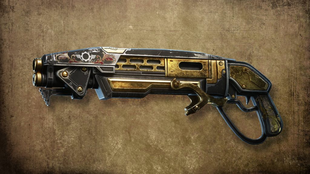 Gnasher shotgun digital art wallpaper ornate black gold scrollwork rustic brown background