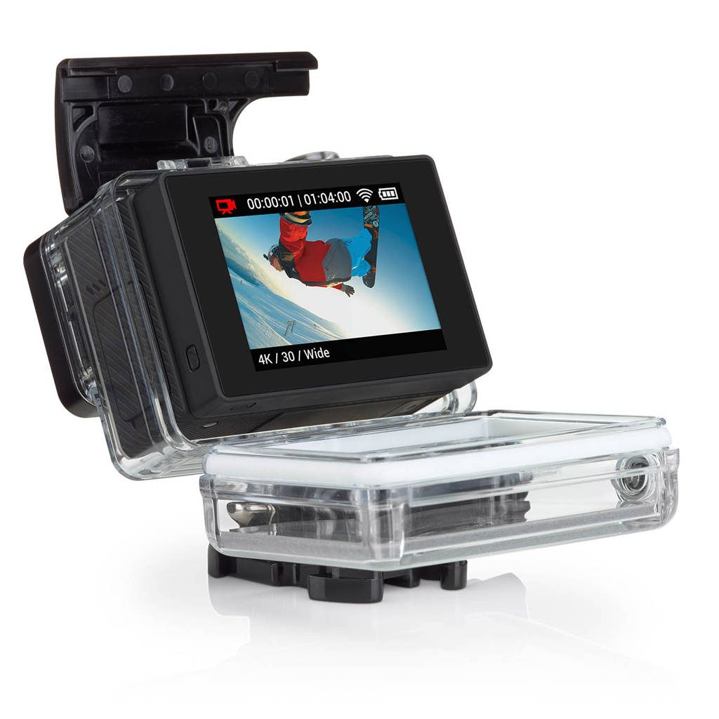 GoPro waterproof case showing 4K snowboarder action wide-angle preview studio shot wallpaper