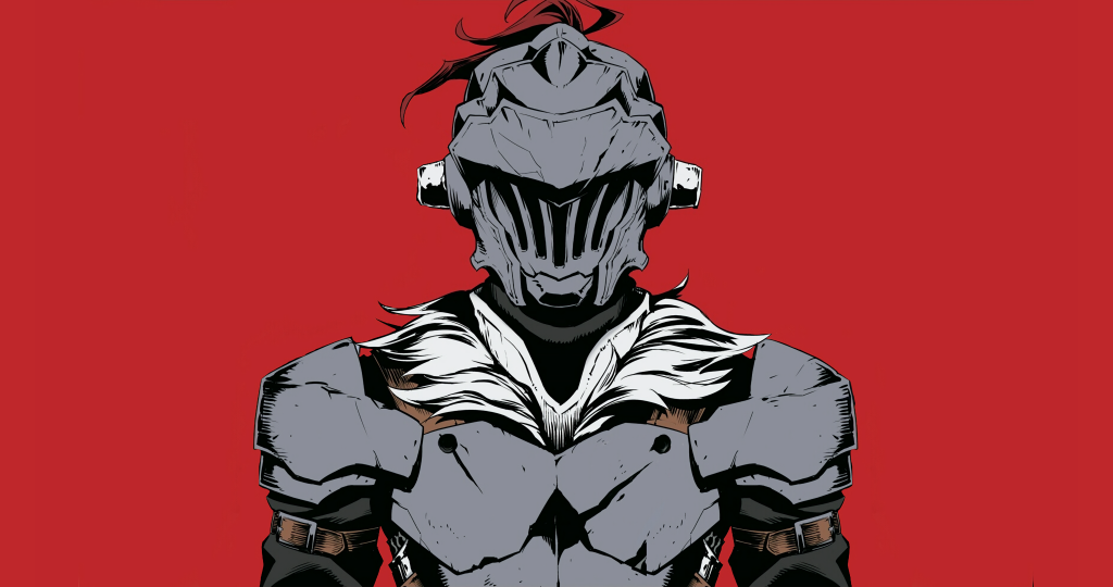 Goblin Slayer anime wallpaper with warrior in grey armor white fur collar on red background