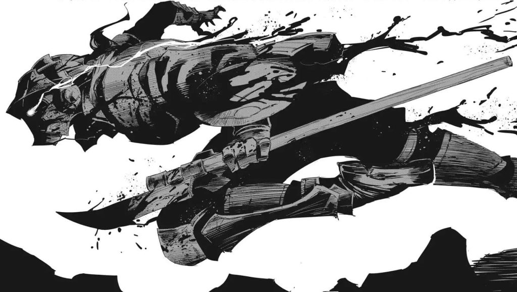 Goblin Slayer manga wallpaper black and white armored hero leaping with blade ink splatter