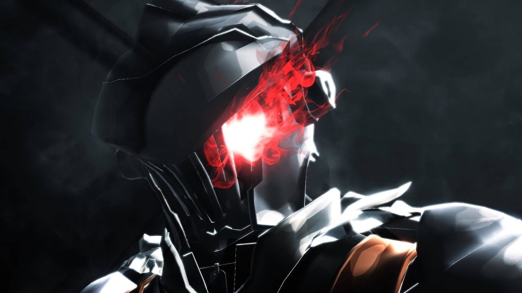 Goblin Slayer cinematic close-up CGI helmet with fiery red visor dark intense wallpaper