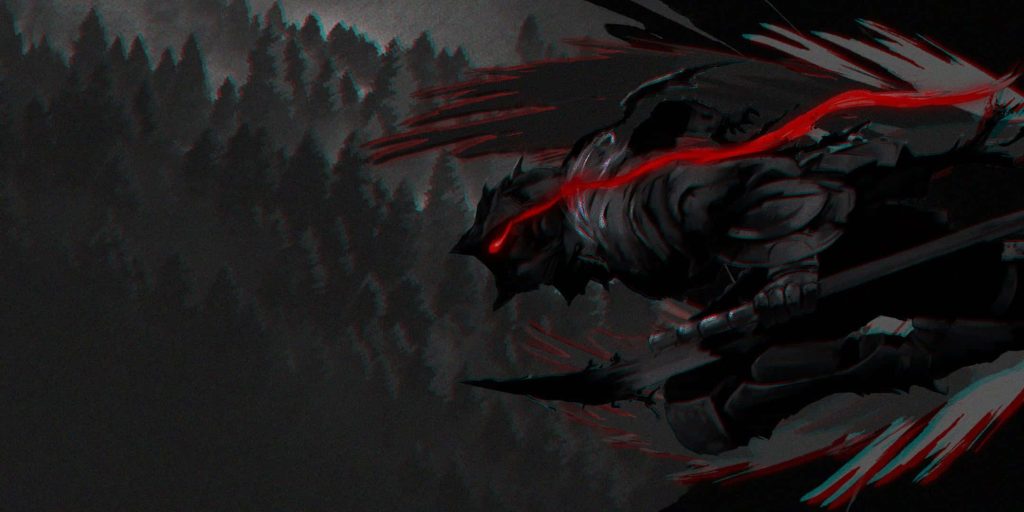 Goblin Slayer armored warrior with glowing red visor in dark misty forest glitch anime wallpaper