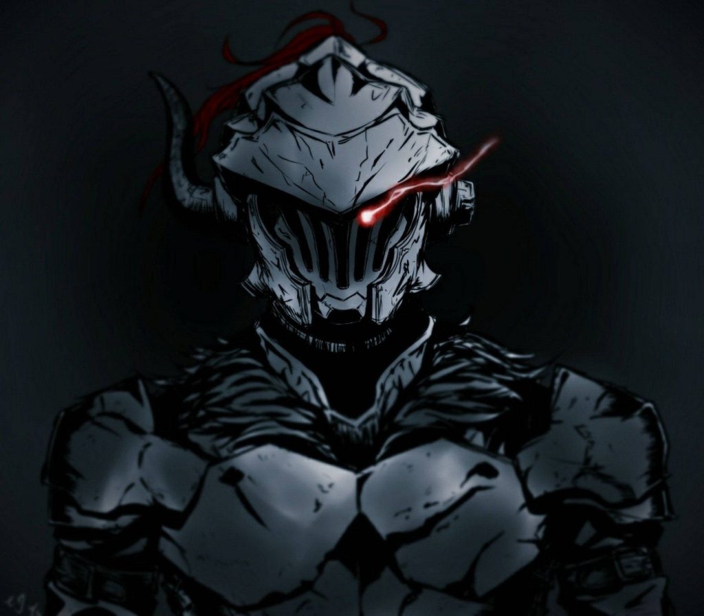 Gritty high contrast Goblin Slayer digital art with glowing red eye helmet dark wallpaper background
