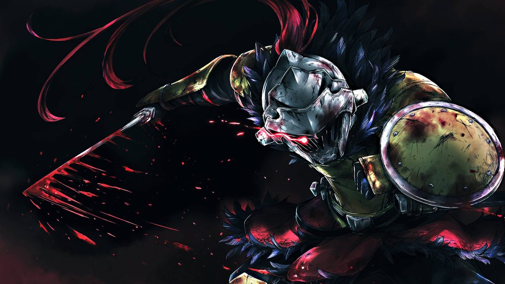 Goblin Slayer anime wallpaper dark fantasy armored warrior blood-stained blade red glowing eyes