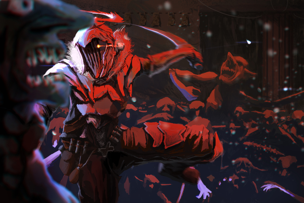 Goblin Slayer armored hero battles monsters red lighting dark fantasy anime wallpaper background