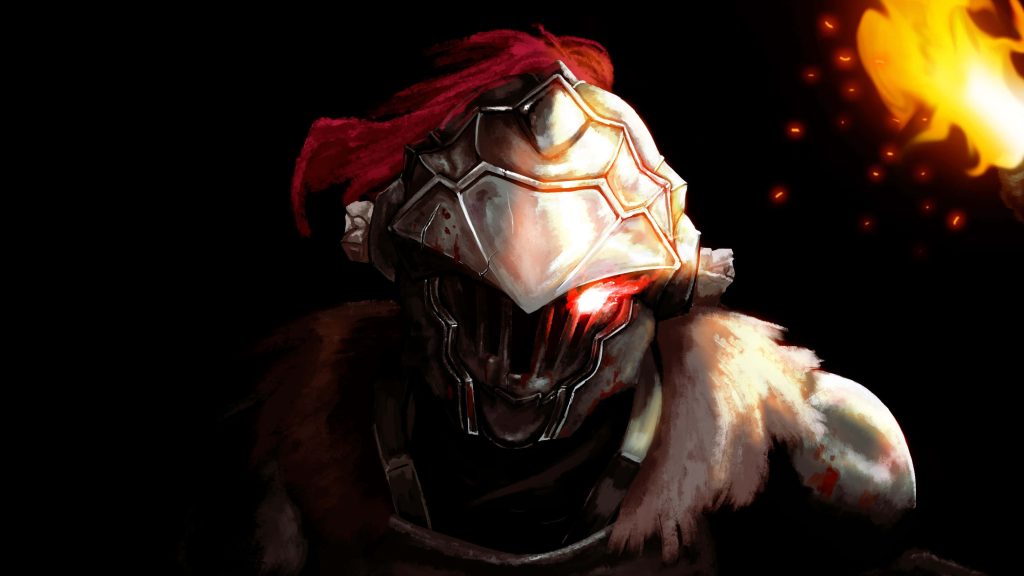 Goblin Slayer digital art wallpaper showing battle-worn helmet with glowing red eye and torchlight