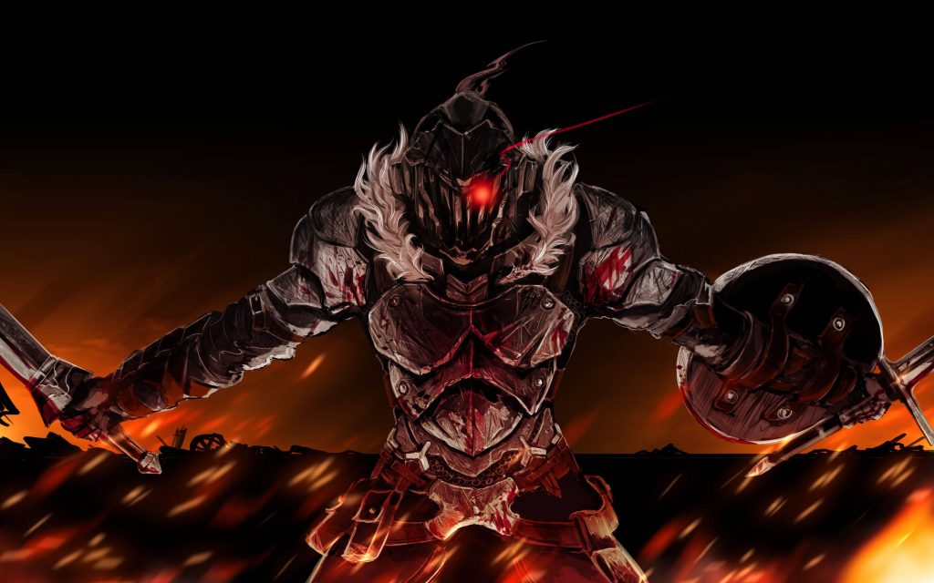 Goblin Slayer armored warrior with glowing red eye on fiery dark fantasy anime battlefield wallpaper