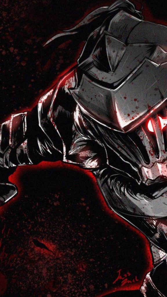 Close-up Goblin Slayer helmet blood-spattered red eye dark fantasy intense wallpaper background