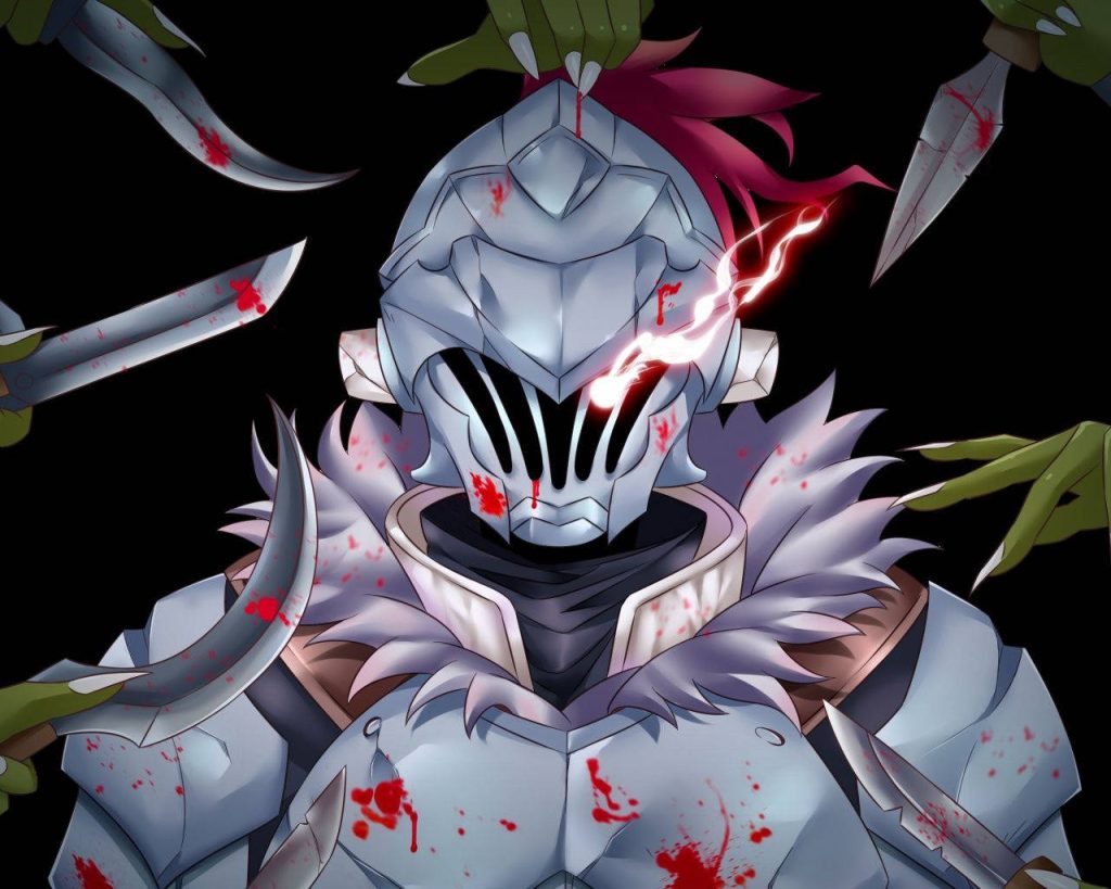 Goblin Slayer anime wallpaper armored hero red glowing eye blood-splattered silver armor ambush
