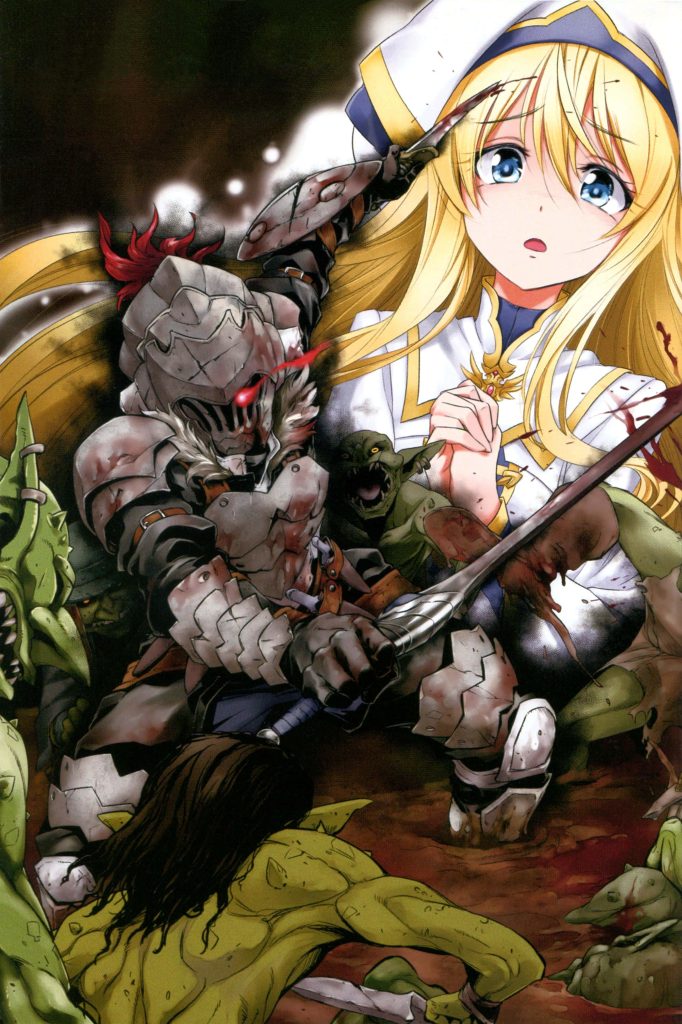 Goblin Slayer battling goblins to protect Priestess dark fantasy anime intense action wallpaper