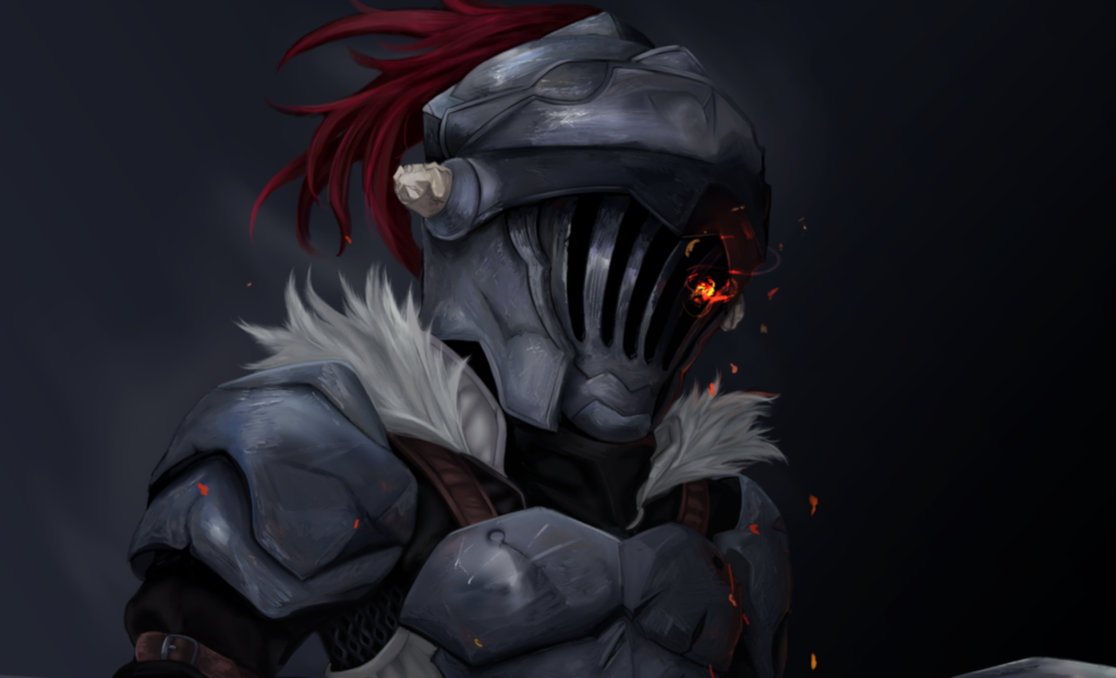 Goblin Slayer dark fantasy digital art with weathered armor crimson eyes and red plume wallpaper