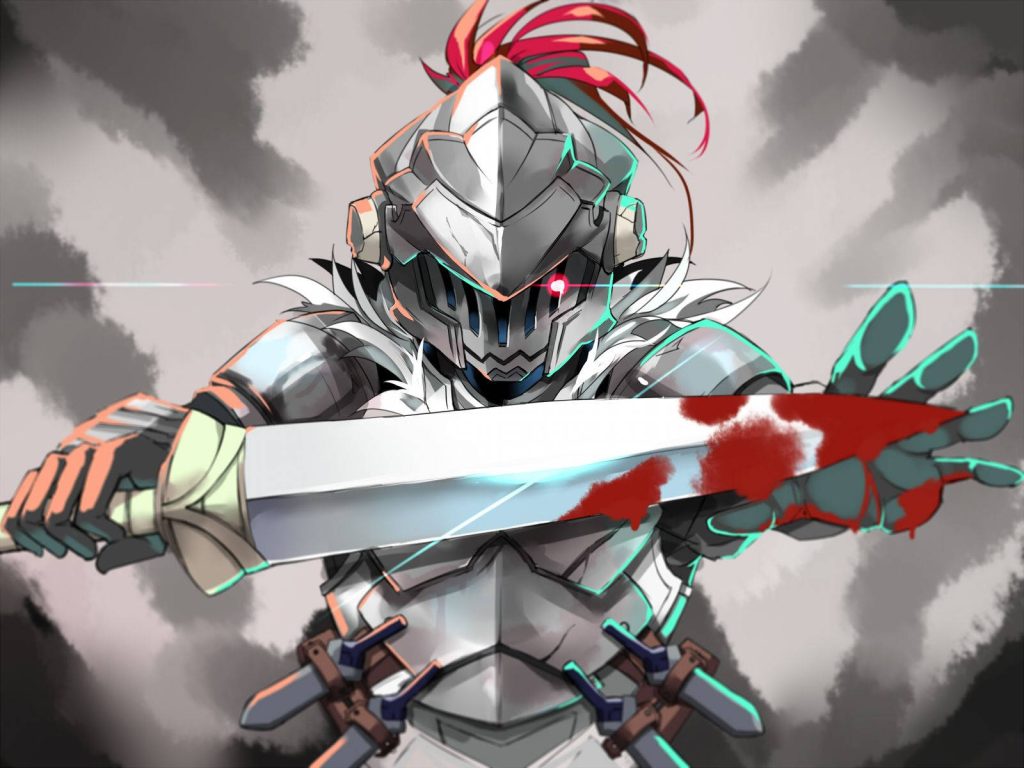 Goblin Slayer anime wallpaper showing armored hero with red helmet and blood-stained sword