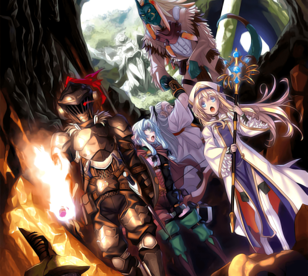 Goblin Slayer party exploring dark cave anime wallpaper with firelight and magical glow background