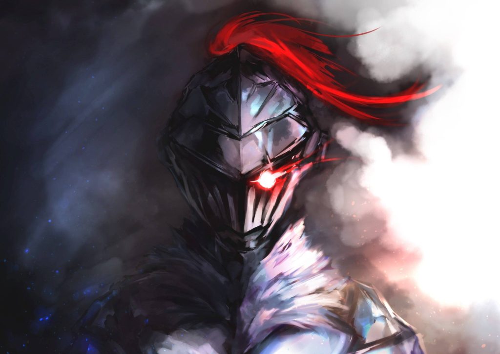 Goblin Slayer anime wallpaper with metallic helmet glowing red eye dark fantasy smoke background