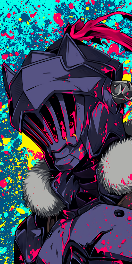 Goblin Slayer anime wallpaper vibrant abstract teal pink yellow paint splatters warrior armor