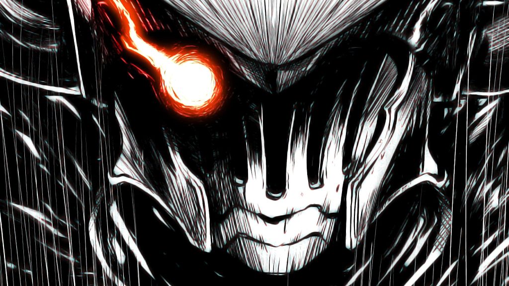 Goblin Slayer close-up wallpaper with armored helmet glowing red eye dark manga fantasy background